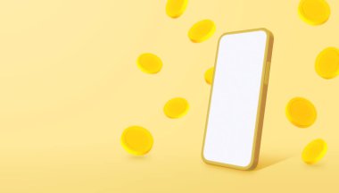 Mockup of Golden Smartphone surrounded by golden coin. Mobile banking service, financial payment Smartphone mobile screen. 3D illustration.