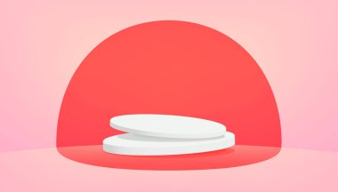 Red product background stand or podium pedestal on advertising display with blank backdrops. 3D rendering.