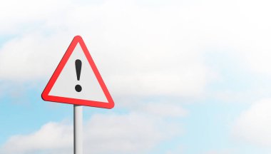 Exclamation point of attention against the sky. triangular sign. Danger, warning. 3D illustration.