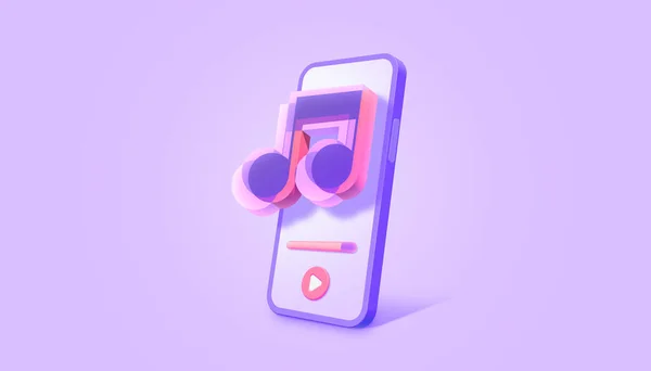 Smartphone and music notes. Concept for online music, radio, listening to podcasts, books at full volume. Digital illustration for mobile music app, song. 3D illustration.