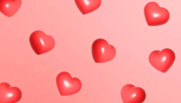 Falling big red hearts on a red background. Valentine\'s day or wedding concept. 3D illustration.