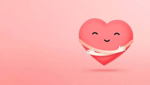 Cute single heart hug itself. Arms wrapped around a heart. Love yourself and happy Valentine\'s day concept. 3d illustration.