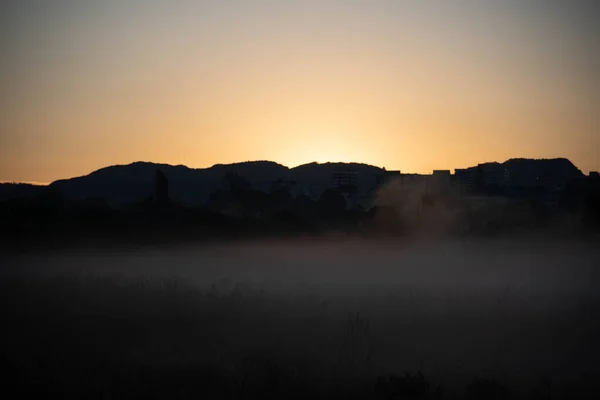 Zimowy Świt Mgłą Krajobraz Wiejski Świcie Zimowy Poranek Ameryce Południowej — Zdjęcie stockowe