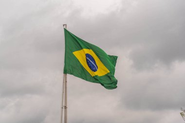Demir çubukta dalgalanan Brezilya bayrağı. Ulusal sembol. Pavilion. Brezilya Federatif Cumhuriyeti 'nin sembolü. Arma arması. Ulusal kimlik. Yeşil ve sarı bayrak.