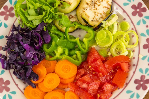 Porcelain Plate Sliced Vegetables Ingredients Salads Natural Food Vegetables Human — Stock Photo, Image