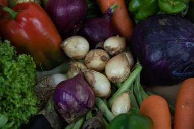 Organik arka planda çeşitli sebzeler. Yenilebilir yiyecekler. Salatalar için malzemeler. Vejetaryen mutfağı. Sağlıklı beslenme.