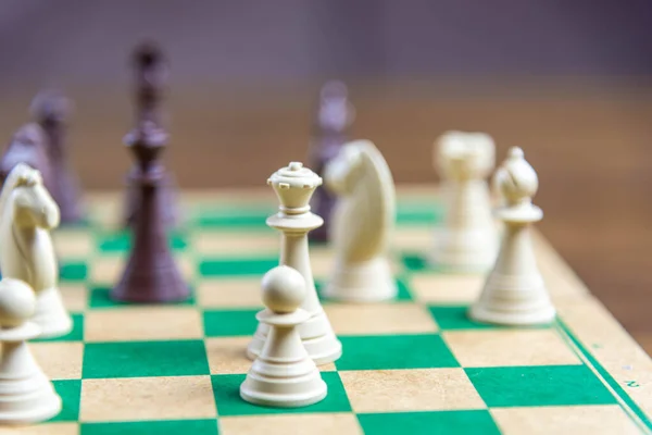 stock image Chess game pieces on the green board. Game of reasoning and strategy. Game of kings. Fun and competition.