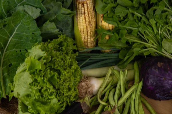 烹饪用蔬菜和蔬菜 色拉食品 木制底座上的杂项配料 — 图库照片