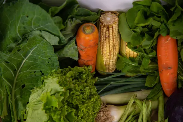 Warzywa Warzywa Celów Kulinarnych Jedzenie Sałatkowe Różne Składniki Drewnianym Tle — Zdjęcie stockowe