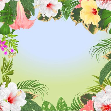 Çerçeve tropikal çiçek çiçek çiçek düzenleme, kırmızı ve sarı amber çiçeği ve Brugmansia palmiyesi, filodendron vintage vektör ilüstrasyon düzenlenebilir el çizimi