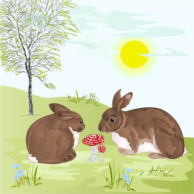 Tavşanlar ve mantarlar bir huş ağacının altında çiçeklerle sulu boya vektör illüstrasyonları düzenlenebilir elle çizilmiş.