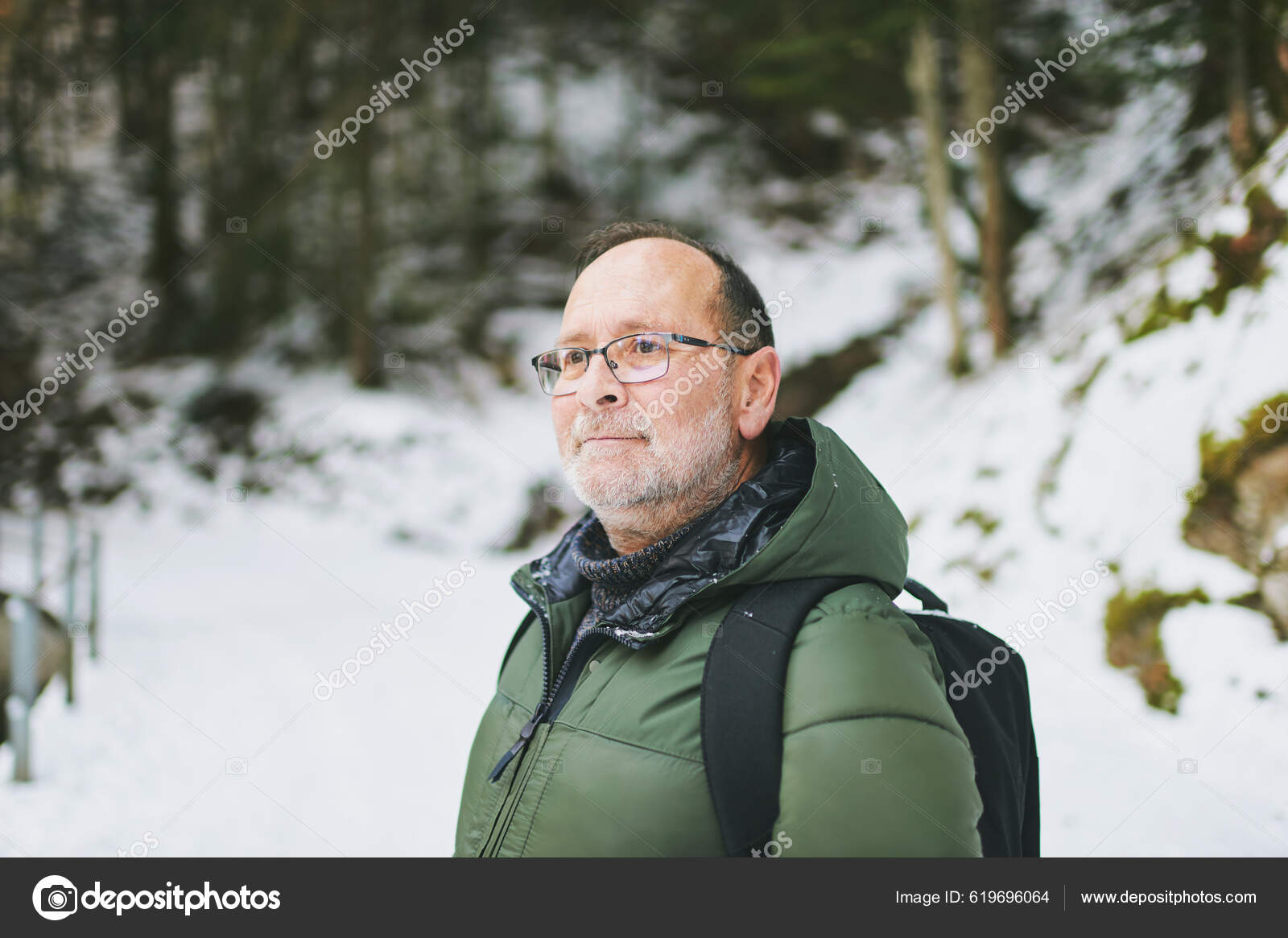 Outdoor Portrait Middle Age Year Old Man Hiking Winter Forest Stock Photo  by ©annanahabed 619696064