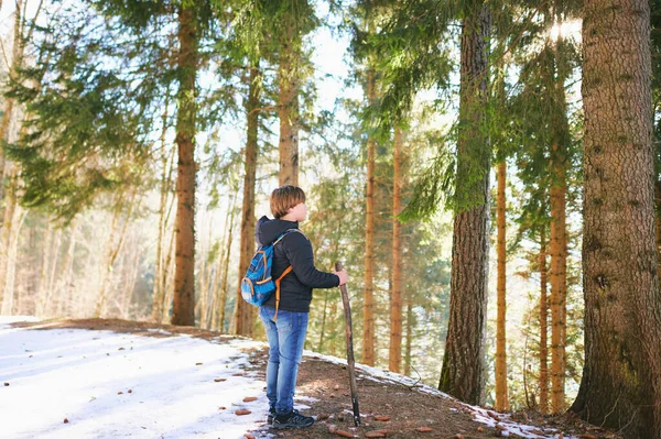 숲에서 하이킹을 귀여운 아이의 산에서 뒷걸음질을 — 스톡 사진