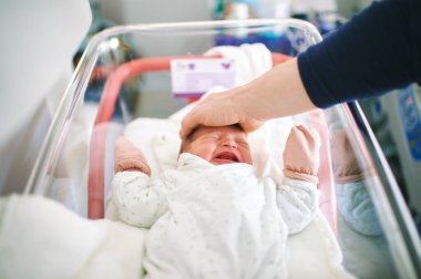 Newborn crying baby in hospital crib, father trying to calm down infant by putting his hand oh her head