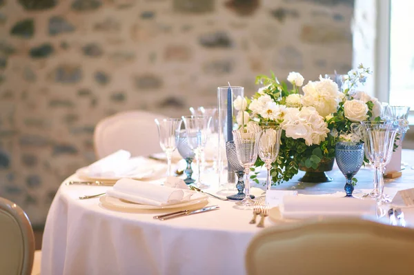 Aesthetic decoration of wedding venue, white and blue colors