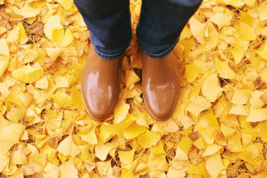 Top view of woman rain boots, girl standing on ground full of autumn leaves