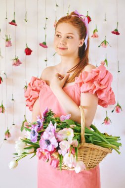 15-16 yaşlarında, pembe mercan elbiseli, beyaz arka planda asılı güllerle poz veren, bahar çiçekleri, güzellik ve moda kavramlarıyla dolu sepetli güzel bir genç kızın stüdyo portresi.