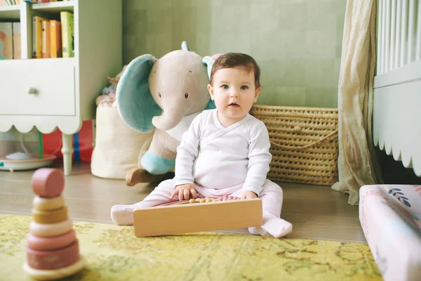 Evde eğitici oyuncaklarla oynayan 9 aylık sevimli bir kızın portresi.