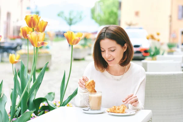 Portrait Happy Mature Woman Having Coffee Croissant Outdoor Cafe Stock Photo