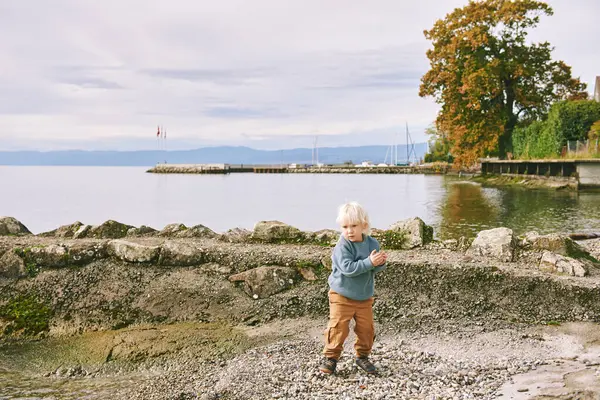 素敵な春や秋の日に湖で遊ぶ幸せでアクティブな幼児のアウトドア肖像画 ストックフォト