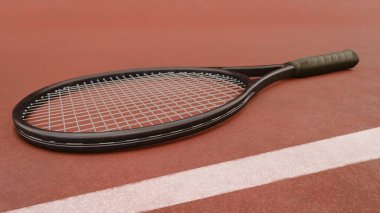 Spor ve sağlıklı yaşam tarzı. Tenis mi? Tenis kortunda tenis raketi tenis konsepti, illüstrasyon, 3D canlandırma animasyonu