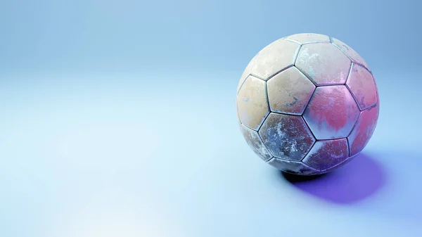Soccer ball in goal on blue background, metal ball on blue background, 3d rendering, illustration