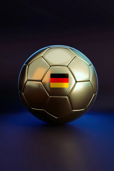 golden soccer ball on dark background, German flag, 3d rendering, sports background, soccer competition, world cup, Football championship light background. abstract glowing neon colored soccer ball illustration