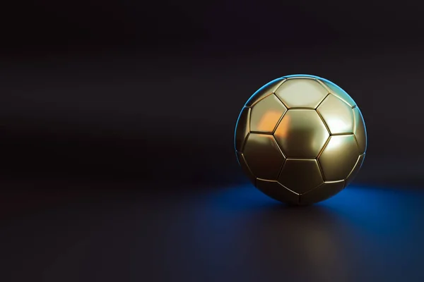 golden soccer ball on dark background, 3d rendering, sports background, soccer competition, world cup, Football championship light background. abstract glowing neon colored soccer ball illustration