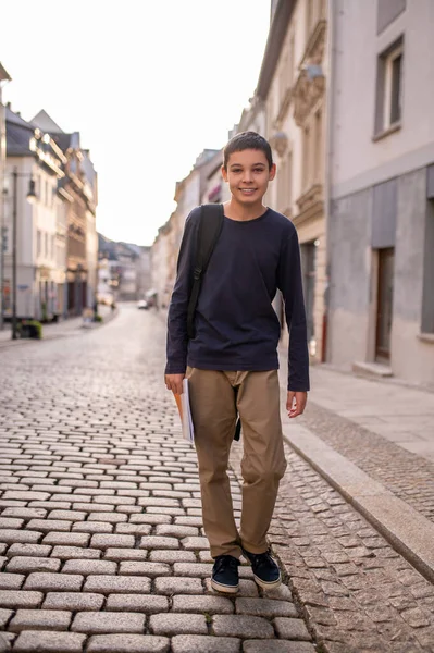 Smiling Cute Teenage Boy Book Hand Walking Paved Street — Stock Photo, Image