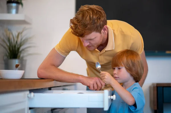 Breakfast Time Young Father His Cute Little Son Getting Ready — Stock Photo, Image