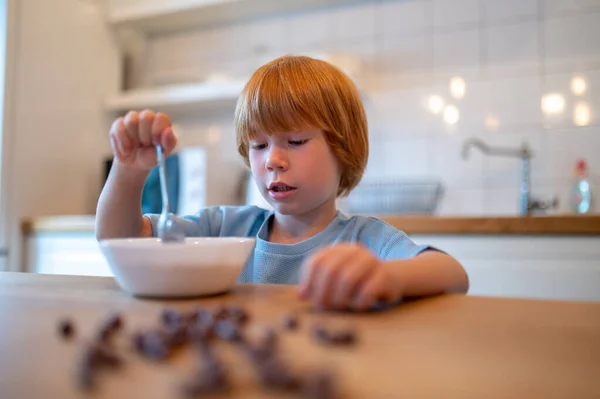 Сніданок Симпатичний Імбир Маленький Хлопчик Сидить Столом Їсть Зернові — стокове фото