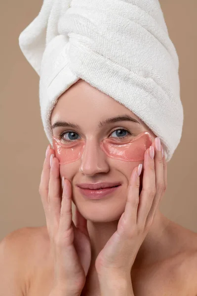 Beauty Procedures Young Girl Towel Head Patches Eyes — Stock Photo, Image