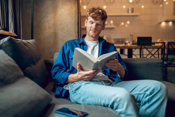 Reading Ginger Young Man Sitting Home Window Book — Stock Photo, Image