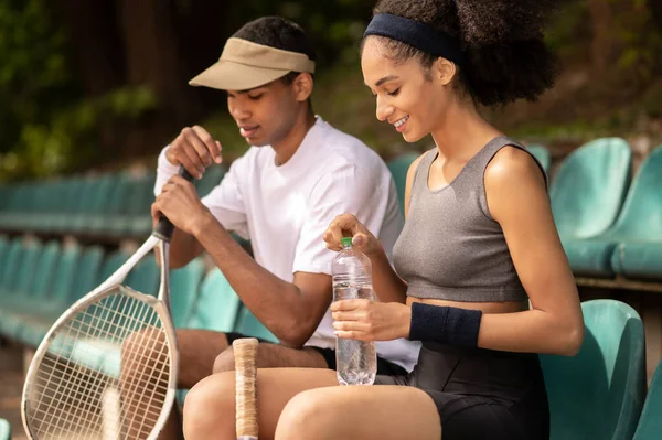 Game Two Tennis Players Resting Game Looking Contented — Stock Photo, Image