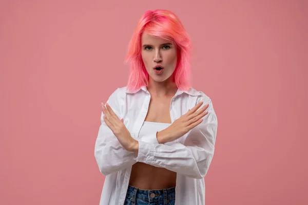 Waist Portrait Determined Trendy Young Female Pink Hair Demonstrating Rejection — Stock Photo, Image