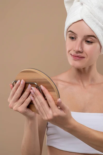 Appearance Cute Girl Towel Her Head Mirror Hands — Stock Photo, Image