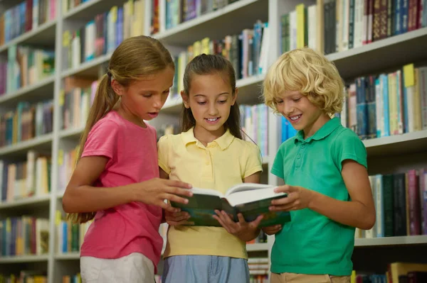 Osztálytársak Boldog Osztálytársak Töltenek Időt Iskolai Könyvtárban — Stock Fotó