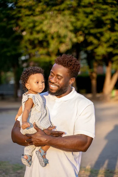 Smiling Contented Bearded Young Male Parent Looking His Adorable Little — Stock Photo, Image