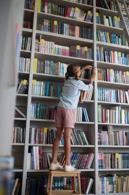 Kitap alıyorum. Sandalyede duran ve raftan bir kitap alan kız.