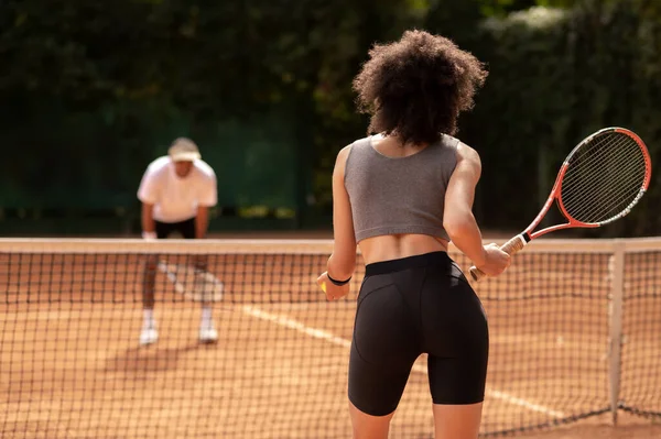 Love Tennis Cute Dark Haired Girl Having Workout Tennis Court — Stock Photo, Image