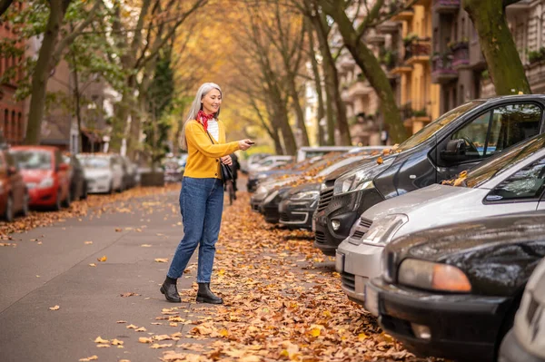 Spaziergang Einem Park Langhaarige Frau Spaziert Einem Herbstlichen Park — Stockfoto