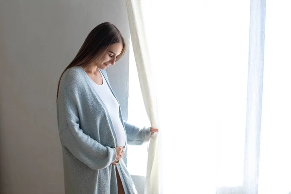 Third Trimester Pregnant Young Woman Big Belly Window Home — Stock Photo, Image