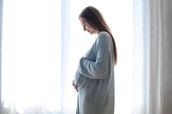 Anticipation Long Hairred Pregnant Woman Standing Window — Stock Photo, Image