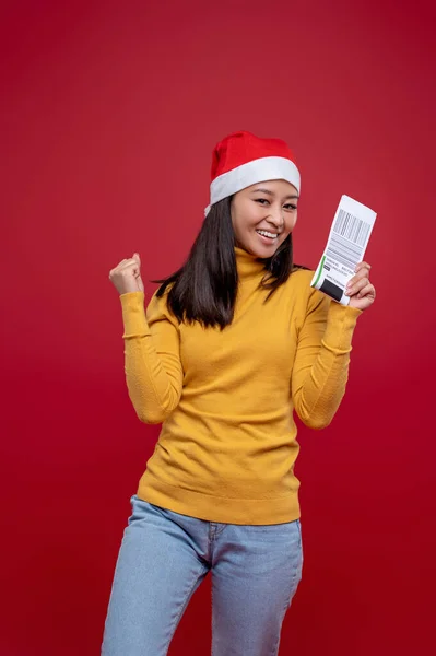 Gift Delivery Cute Smiling Woman Holding Barcode Hands — Stock Photo, Image