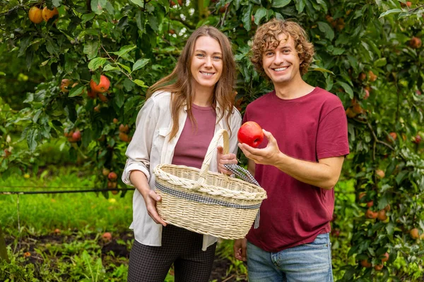 Usmívající Dívka Proutěným Košem Radostným Chlapem Jablkem Ruce Stojící Zahradě — Stock fotografie