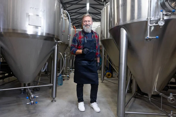 Пивоварня Пожилой Человек Клетчатой Рубашке Пивоваренном Заводе — стоковое фото