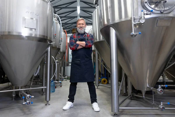 Odhodlaný Pracovník Pivovaru Stojí Kovových Nádrží Vypadá Odhodlaně — Stock fotografie