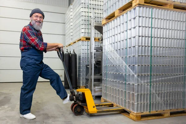 Full Length Portrait Worker Pushing Loading Trolley Aluminum Cans Stacked — Stock Photo, Image