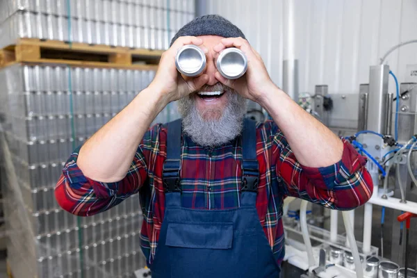 Waist Portrait Merry Production Worker Covering His Eyes Pair Aluminum —  Fotos de Stock