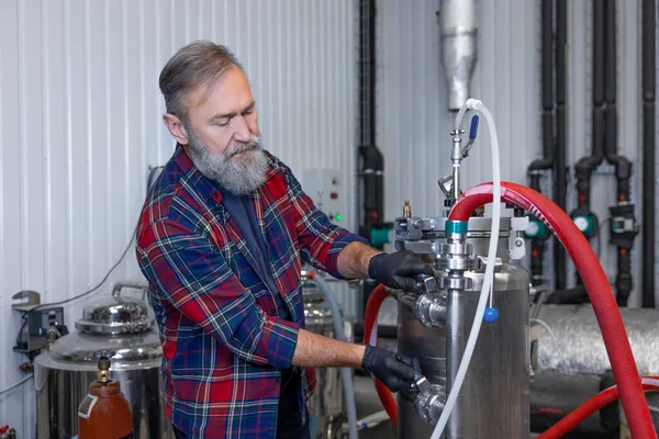 Business Owner Man Plaid Shirt Working Brewery Looking Contented — Photo